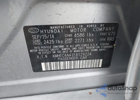 2015 Hyundai Sonata Hybrid z USA, uszkodzony, nr VIN KMHEC4A41FA129224